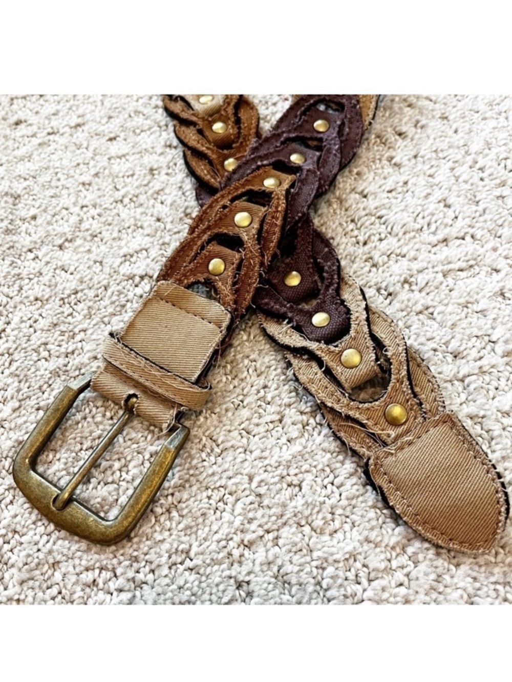 Braided Women Teen Fabric Belt Sz XS 5 Boho Chic Western Indie Fairy Brown Stud